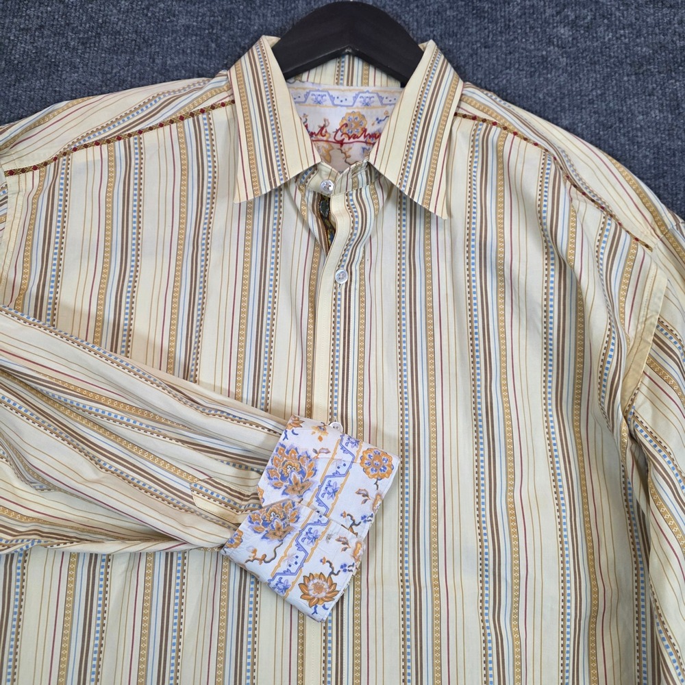 Robert Graham Shirt Mens 2XLB Tan Striped Floral Trim Long Sleeve Button Down